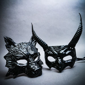 Black Wolf Animal Masquerade w/ Devil Long Horn Eye Halloween Couple Party Mask